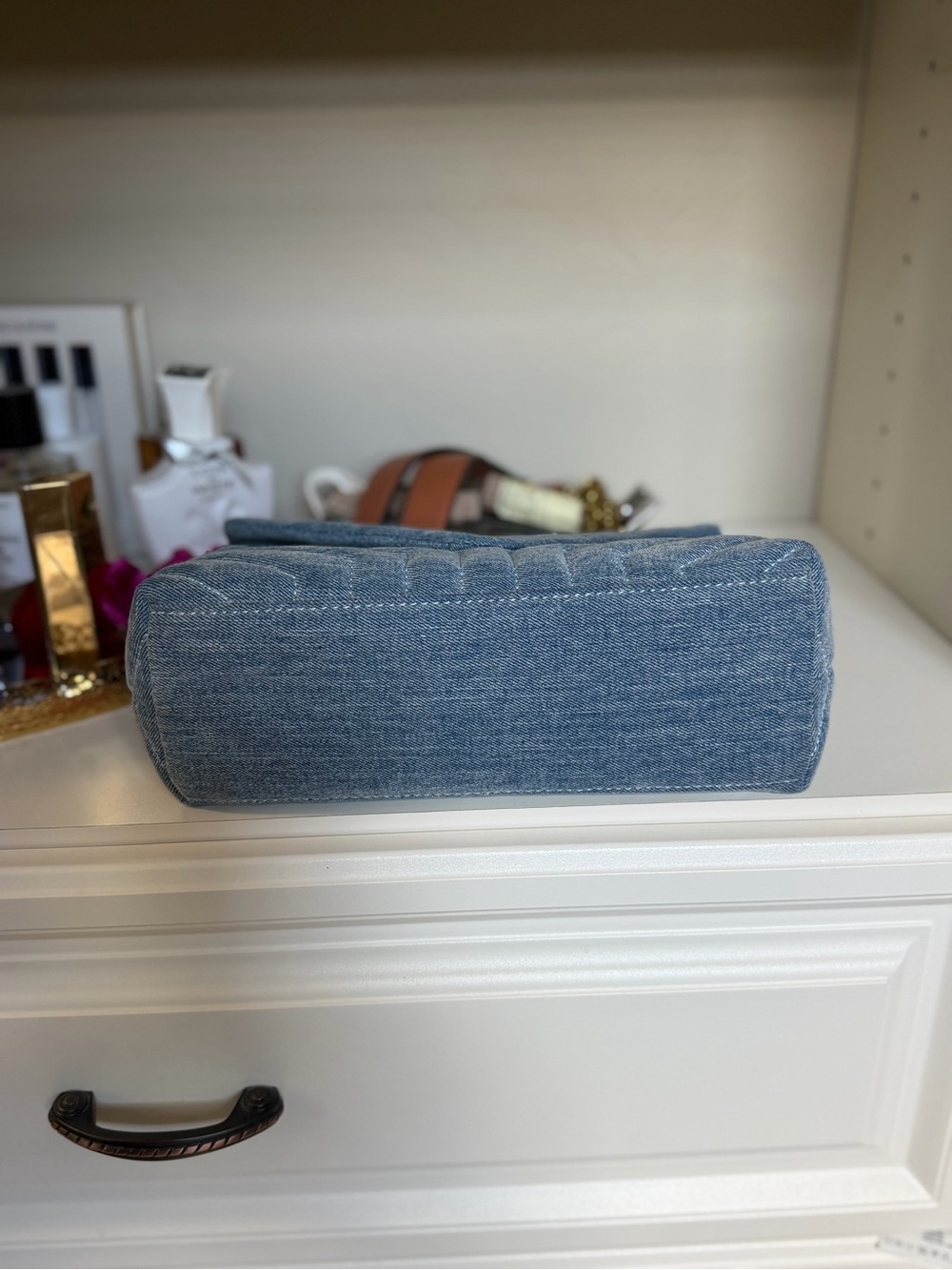 Saint Laurent Denim Quilted Shoulder Bag in Blue Denim with Tan Strap - Picture 3 of 6